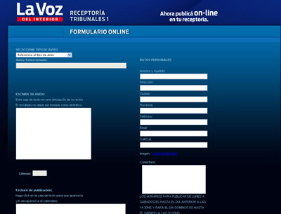 <b>Clasificados la Voz del Interior - Receptoria tribunales </b><br/>Sitio web para la recoleccin de avisos clasificados para el diario La Voz del Interior Receptora Tribunales