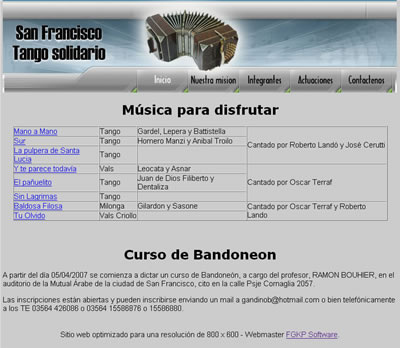 <b>San Francisco Tango Solidario</b><br/>Página web del proyecto IDENTIDAD que busca valorizar el tango como música y a su vez ayuda a la comunidad mediante la organización de festivales a beneficio.
